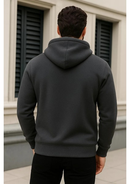 Erkek Kışlık Oversize Füme Kapsonlu Fermuarli Sweat