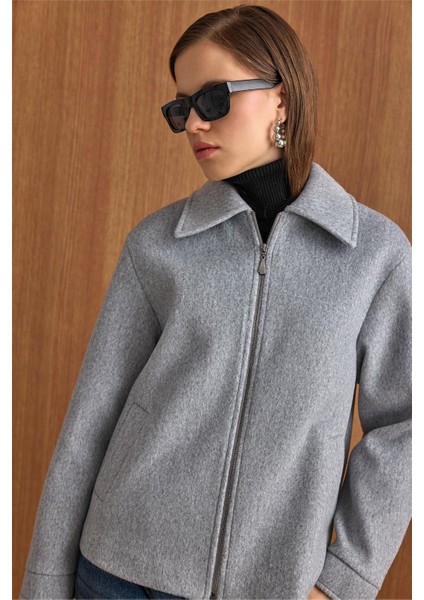 Fermuar Kapamalı Oversize Kısa Kaban AÇIK GRİ 3157