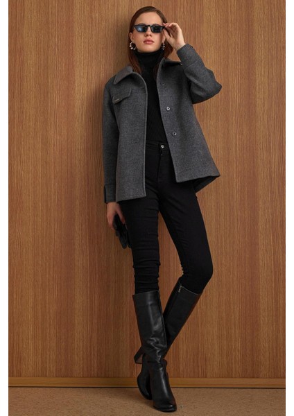 Gömlek Yaka Kuşak Detaylı Oversize Kısa Kaban KOYU GRİ 3155 fırsatları