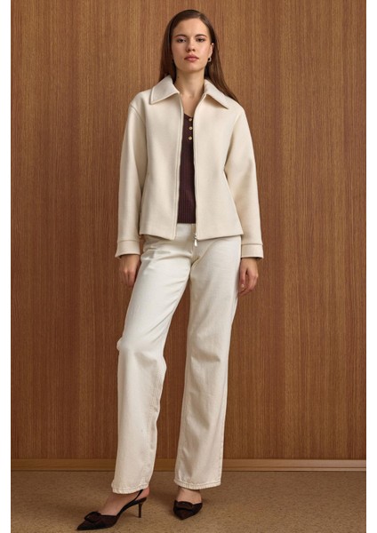 Fermuar Kapamalı Oversize Kısa Kaban EKRU 3157