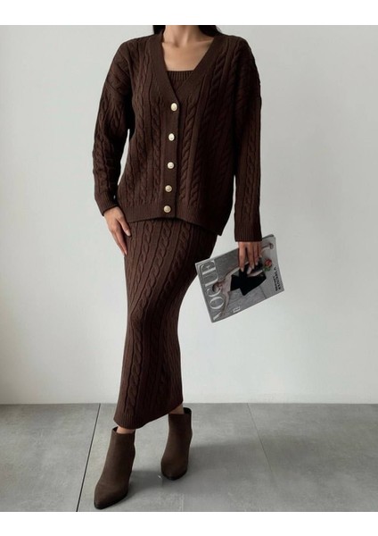 Saç Örgü Desenli Hırka Crop Etek 3lü Triko Alt Üst Takım