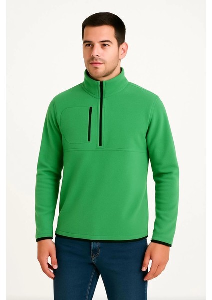 Erkek Polar Kazak – Dik Yaka, Yarım Fermuarlı, Fermuarlı Göğüs Cepli, Siyah Biyeli, Kışlık Rahat Regular Fit Günlük Model - Yeşil fiyatları