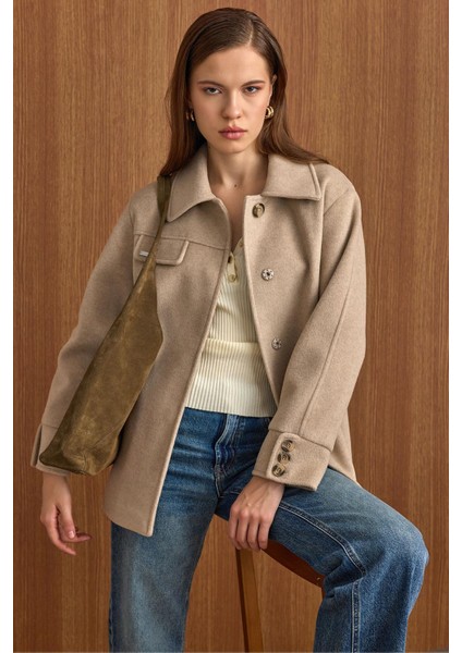 Gömlek Yaka Kuşak Detaylı Oversize Kısa Kaban TAŞ 3155