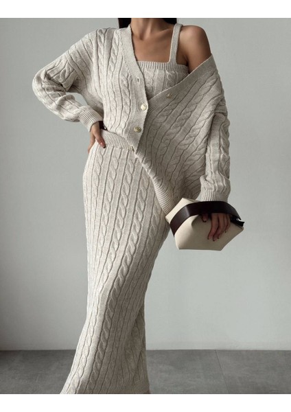 Saç Örgü Desenli Hırka Crop Etek 3lü Triko Alt Üst Takım