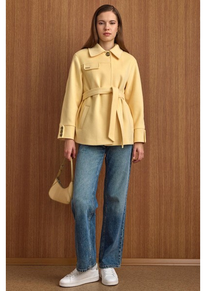 Gömlek Yaka Kuşak Detaylı Oversize Kısa Kaban SARI 3155 indirimleri