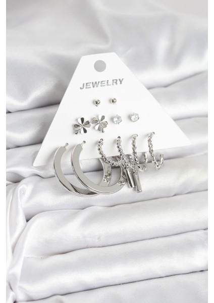 Pirinç Gümüş Renk 6 Çift Kadın Küpe Seti - TJ-BKP11332