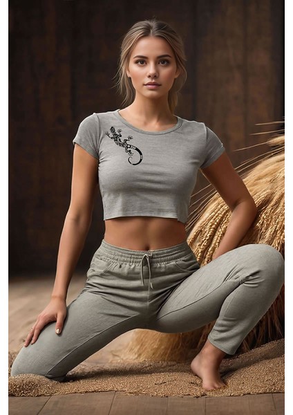 Tribal Kertenkele Baskılı Gri Melanj Crop Top