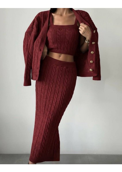 Saç Örgü Desenli Hırka Crop Etek 3lü Triko Alt Üst Takım