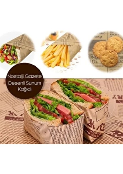 50 Adet - Kendinden Desenli Yağlı Kağıt -Vintage Gazete Desen Sunum Kağıdı - Karışık Desen