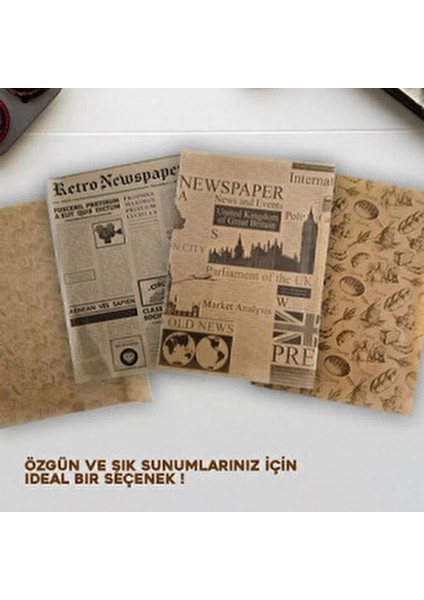 50 Adet - Kendinden Desenli Yağlı Kağıt -Vintage Gazete Desen Sunum Kağıdı - Karışık Desen fiyatları