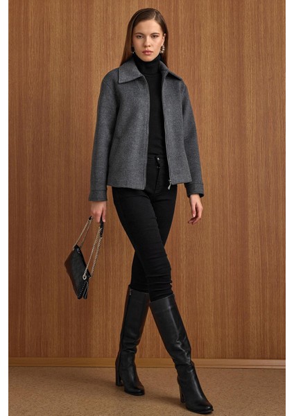 Fermuar Kapamalı Oversize Kısa Kaban KOYU GRİ 3157