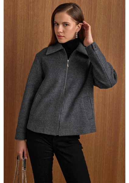 Fermuar Kapamalı Oversize Kısa Kaban KOYU GRİ 3157 indirimleri