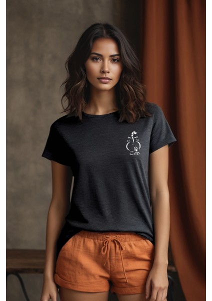 Sevimli Kedi Baskılı Antrasit Bisiklet Yaka T-Shirt