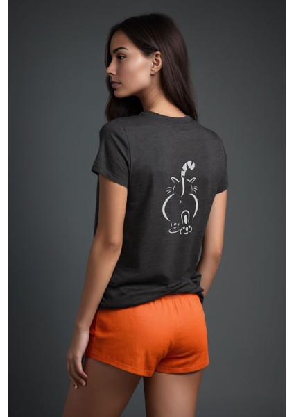 Sevimli Kedi Baskılı Antrasit Bisiklet Yaka T-Shirt fiyatları