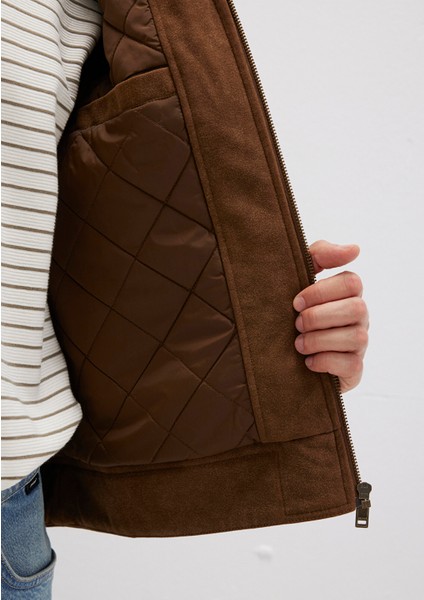 Yaka Detaylı Kahverengi Suni Süet Ceket 0110638-70378