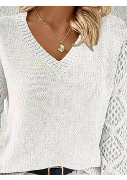 Kadın Uzun Kollu V Yaka Kol Delikli Baklava Desen Detaylı Triko Kazak fiyatları