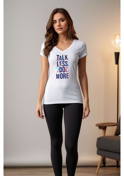 Talk Less Do More Baskılı Beyaz V Yaka Tişört