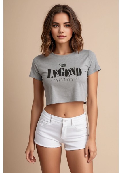 The Legend Baskılı Gri Melanj Crop Top