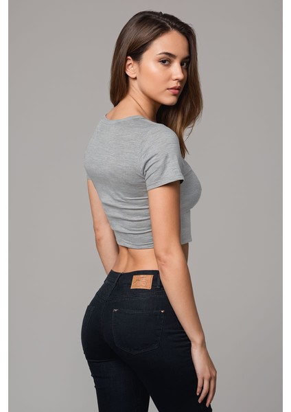 The Legend Baskılı Gri Melanj Crop Top fiyatları