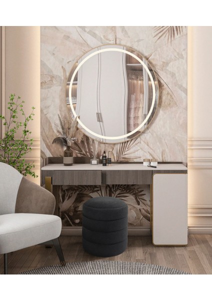 Lüks CNC Çizgili Yuvarlak Puf – Makyaj Masası Pufu -Dekoratif Ayak Uzatma-Bombeli Puff