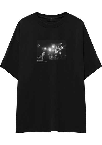 LED Zeppelin Pontiac Silverdome 1977 Oversize Tişört - Siyah