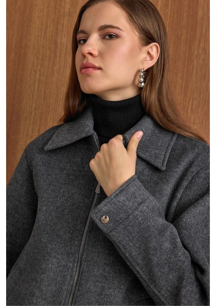 Fermuar Kapamalı Oversize Kısa Kaban KOYU GRİ 3157