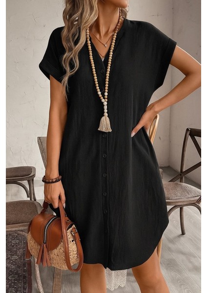 Kadın Kısa Kollu Önden Düğmeli Ithal Keten Elbise