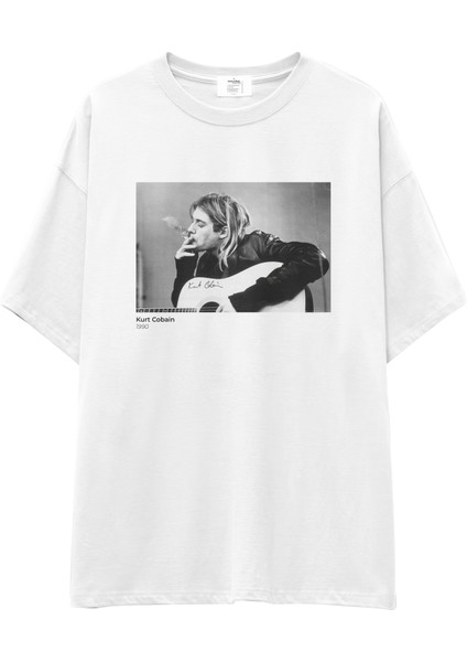 Kurt Cobain 1990 Oversize Tişört - Beyaz