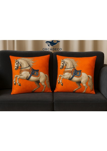 turuncu Beyaz At Desenli Dekoratif Kırlent Kılıfı 45X45 – Salon ve Oturma Odası Yastık Kılıfı