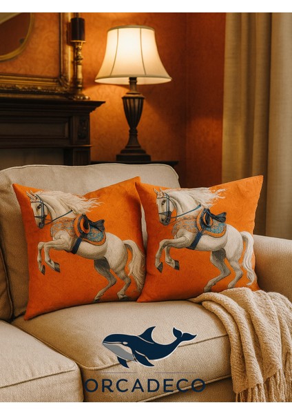 turuncu Beyaz At Desenli Dekoratif Kırlent Kılıfı 45X45 – Salon ve Oturma Odası Yastık Kılıfı modelleri