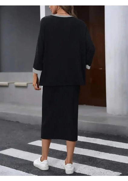 Kadın Uzun Kollu Yakası Açık Şardonlu Kaşkorse Bluz ve Eteği Bağcıklı Ikili Takım modelleri