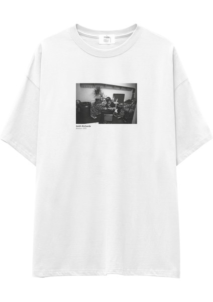 Keith Richards Boston 1975 Oversize Tişört - Beyaz