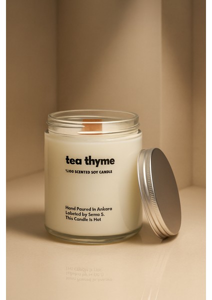 : Tea Thyme : Cam Kavanozda Kokulu %100 Soya Mum (Kekik, Siyah Çay, Bergamot)