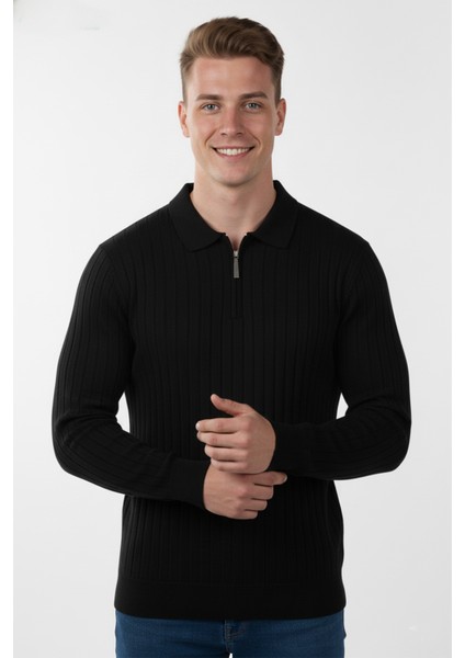 Erkek Siyah Slim Fit Polo Yaka Triko Kazak - Yumuşak Dokulu Esnek ve Şık Görünüm 2605305