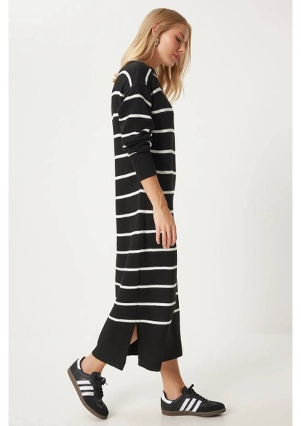 Bisiklet Yaka Uzun Kollu Çizgili Yandan Yırtmaçlı Uzun Triko Elbise fiyatları