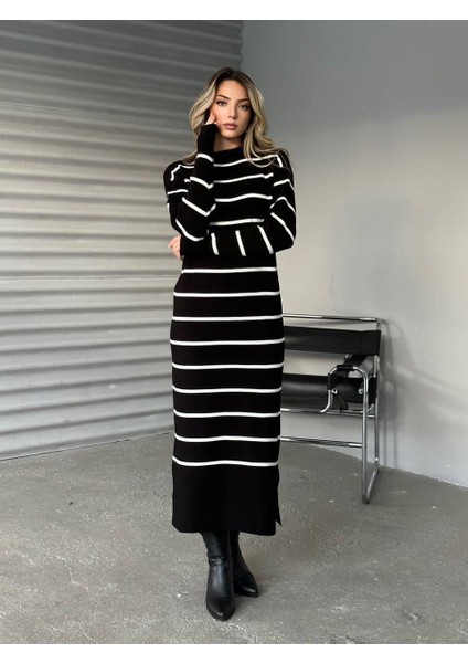 Bisiklet Yaka Uzun Kollu Çizgili Yandan Yırtmaçlı Uzun Triko Elbise modelleri