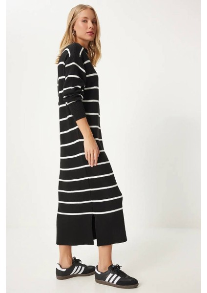 Bisiklet Yaka Uzun Kollu Çizgili Yandan Yırtmaçlı Uzun Triko Elbise fırsatları