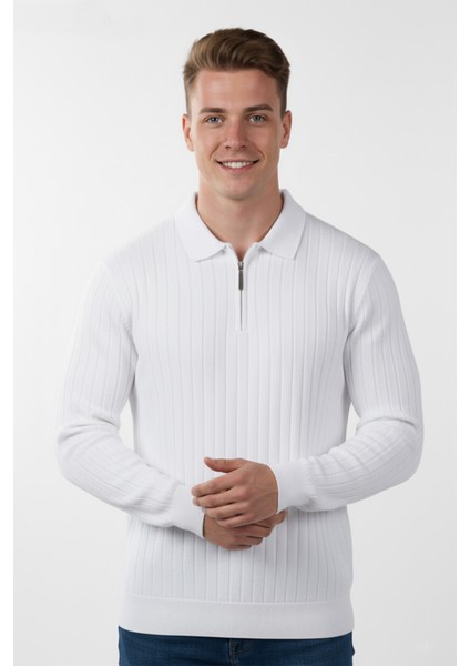 Erkek Beyaz Slim Fit Polo Yaka Triko Kazak - Yumuşak Dokulu Esnek ve Şık Görünüm 2605305 fiyatları