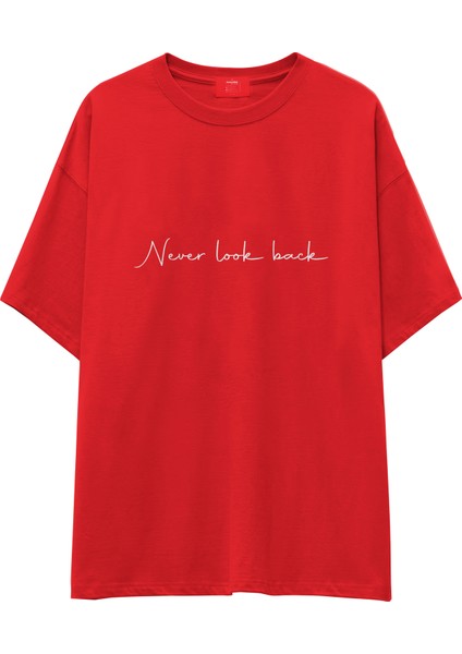 Never Look Back Oversize Tişört - Kırmızı