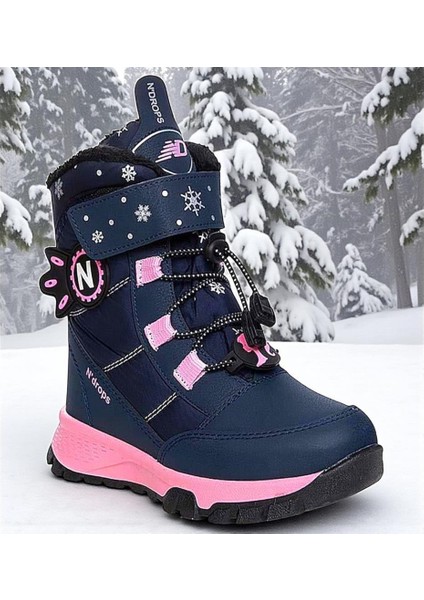 Kız Çocuk Suya ve Soğuk Havaya Dayanıklı Kaymaz Taban Cırtlı Lacivert Pembe Kar Botu