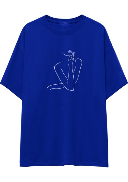 Women / Kadın Silüeti Oversize Tişört - Mavi