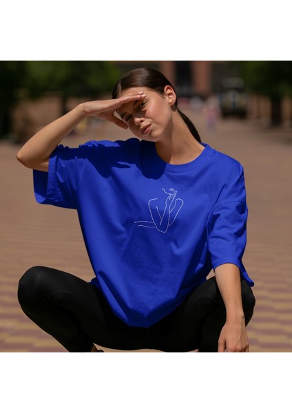 Women / Kadın Silüeti Oversize Tişört - Mavi fiyatları