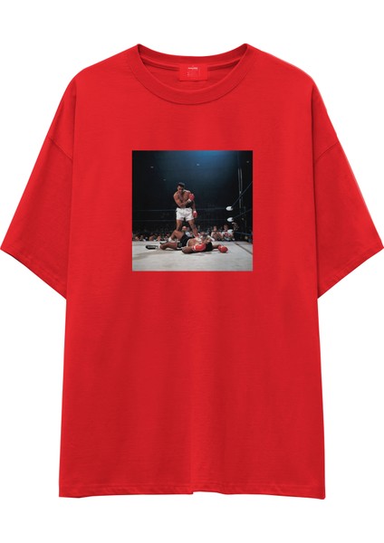 Muhammed Ali And Sonny Liston Usa 1965 Oversize Tişört - Kırmızı