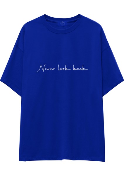 Never Look Back Oversize Tişört - Mavi