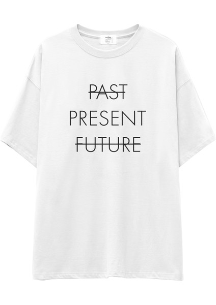 Past Present Future Oversize Tişört - Beyaz
