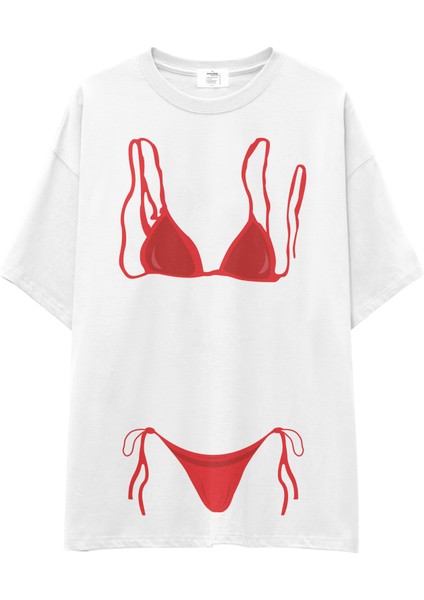 Red Bikini Oversize Tişört - Beyaz