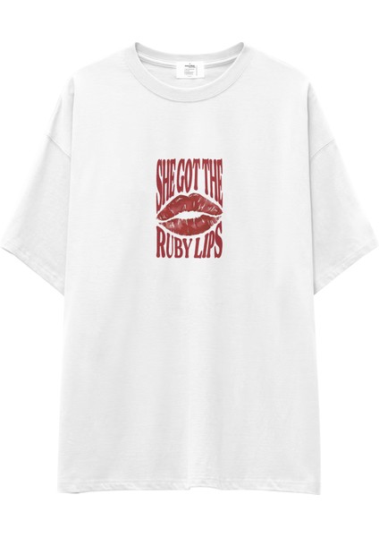 Ruby Lips Oversize Tişört - Beyaz