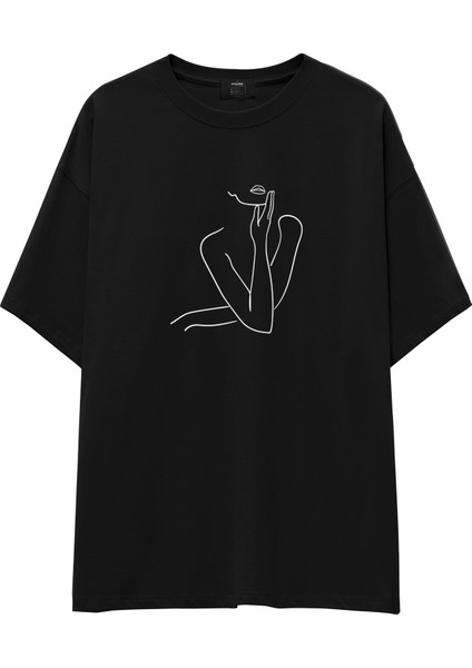 Women / Kadın Silüeti Oversize Tişört - Siyah