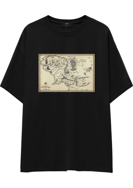 Yüzüklerin Efendisi Orta Dünya Haritası - Lord Of The Rings Oversize Tişört - Siyah