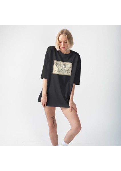 Yüzüklerin Efendisi Orta Dünya Haritası - Lord Of The Rings Oversize Tişört - Siyah fiyatları